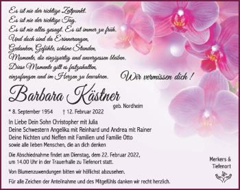 Traueranzeige von Barbara Kästner von Südthüringer Presse