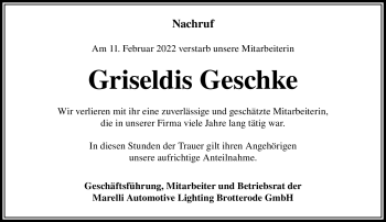 Traueranzeige von Griseldis Geschke von Südthüringer Presse
