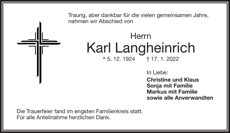  Traueranzeige für Karl Langheinrich vom 05.02.2022 aus Frankenpost
