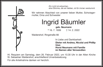 Traueranzeige von Ingrid Bäumler von Frankenpost