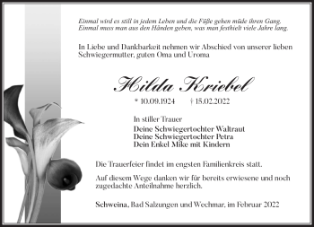 Traueranzeige von Hilda Kriebel von Südthüringer Presse