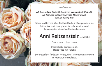 Traueranzeige von Anni Reitzenstein von Frankenpost