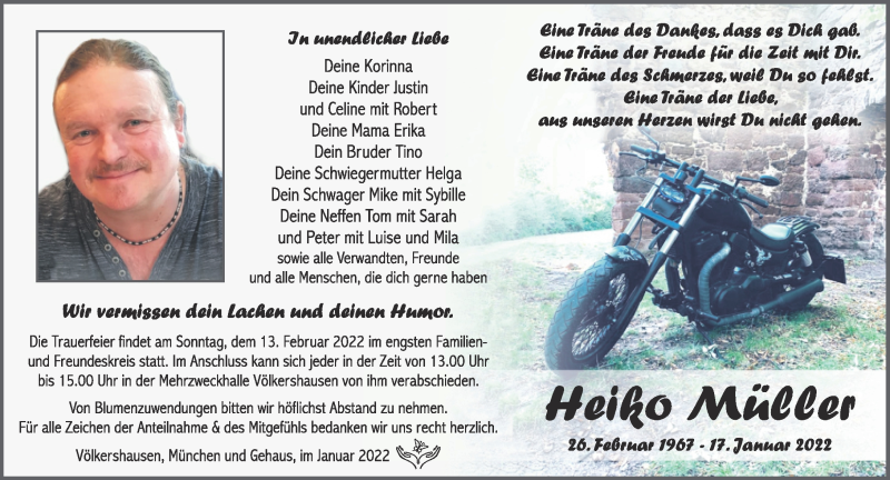  Traueranzeige für Heiko Müller vom 05.02.2022 aus Südthüringer Presse