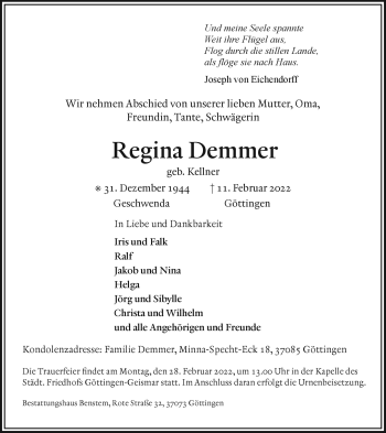 Traueranzeige von Regina Demmer von Südthüringer Presse
