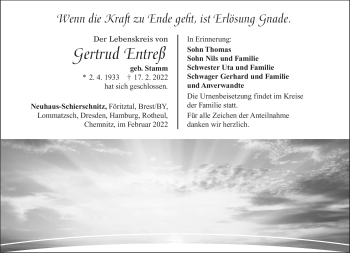 Traueranzeige von Gertrud Entreß von Südthüringer Presse