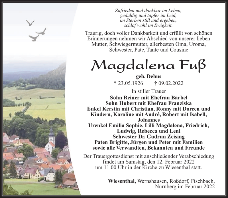  Traueranzeige für Magdalena Fuß vom 10.02.2022 aus Südthüringer Presse
