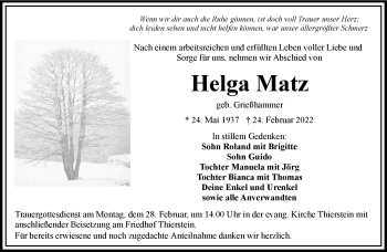 Traueranzeige von Helga Matz von Frankenpost