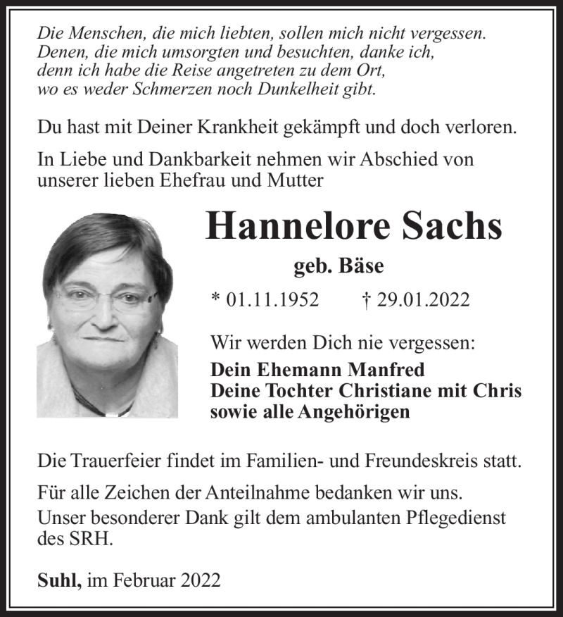  Traueranzeige für Hannelore Sachs vom 05.02.2022 aus Südthüringer Presse