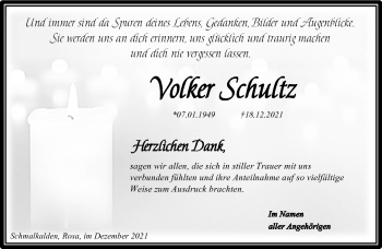 Traueranzeige von Volker Schultz von Südthüringer Presse