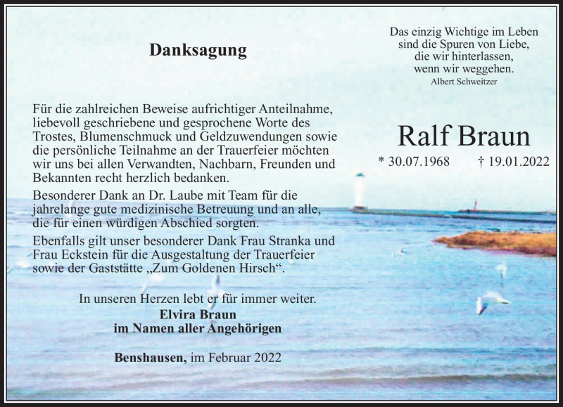  Traueranzeige für Ralf Braun vom 26.02.2022 aus Südthüringer Presse