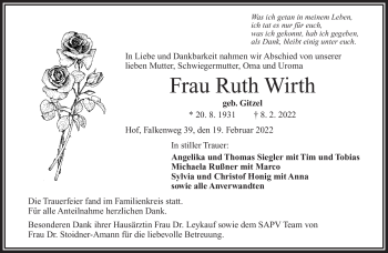 Traueranzeige von Ruth Wirth von Frankenpost