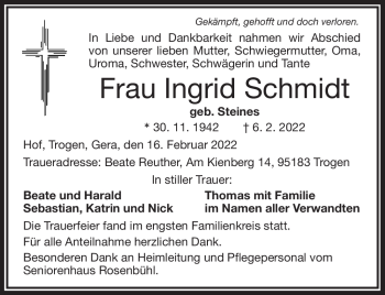 Traueranzeige von Ingrid Schmidt von Frankenpost