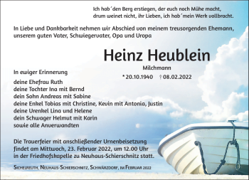 Traueranzeige von Heinz Heublein von Südthüringer Presse