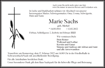 Traueranzeige von Marie Sachs von Frankenpost