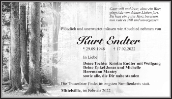 Traueranzeige von Kurt Endter von Südthüringer Presse