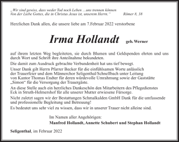 Traueranzeige von Irma Hollandt von Südthüringer Presse
