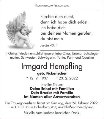 Traueranzeige von Irmgard Hempfling von Frankenpost