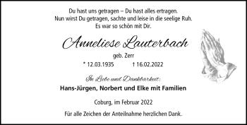 Traueranzeige von Anneliese Lauterbach von Neue Presse Coburg
