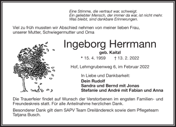 Traueranzeige von Ingeborg Herrmann von Frankenpost
