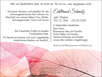 Traueranzeige von Edeltraud Schmalz von Südthüringer Presse