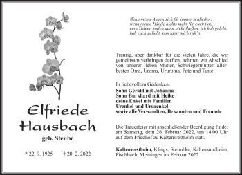 Traueranzeige von Elfriede Hausbach von Südthüringer Presse