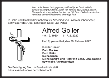 Traueranzeige von Alfred Goller von Frankenpost