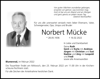 Traueranzeige von Norbert Mücke von Neue Presse Coburg