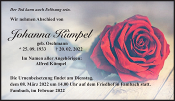 Traueranzeige von Johann Kümpel von Südthüringer Presse