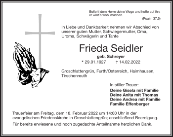Traueranzeige von Frieda Seidler von Frankenpost