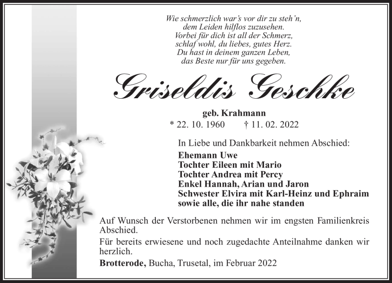  Traueranzeige für Griseldis Geschke vom 19.02.2022 aus Südthüringer Presse