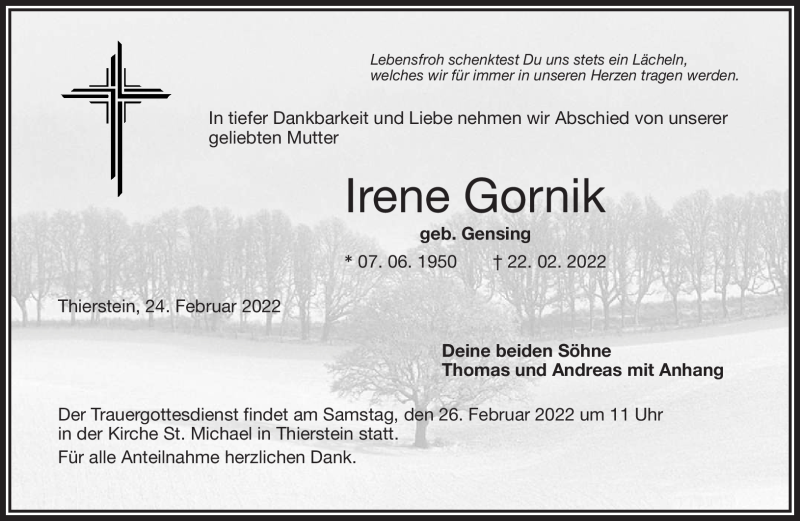  Traueranzeige für Irene Gornik vom 24.02.2022 aus Frankenpost