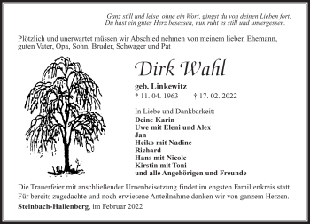 Traueranzeige von Dirk Wahl von Südthüringer Presse