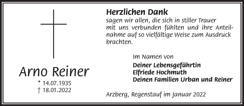  Traueranzeige für Arno Reiner vom 01.02.2022 aus Frankenpost