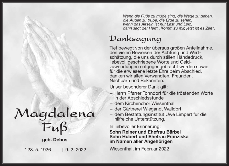  Traueranzeige für Magdalena Fuß vom 26.02.2022 aus Südthüringer Presse