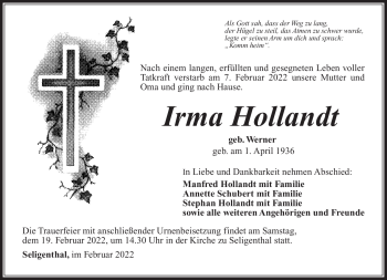 Traueranzeige von Irma Hollandt von Südthüringer Presse