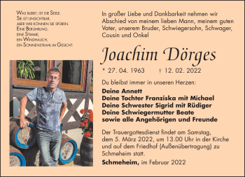 Traueranzeige von Joachim Dörges von Südthüringer Presse