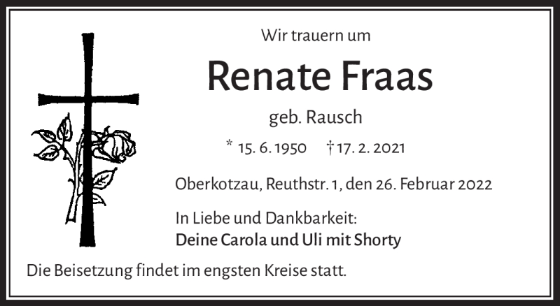  Traueranzeige für Renate Fraas vom 26.02.2022 aus Frankenpost
