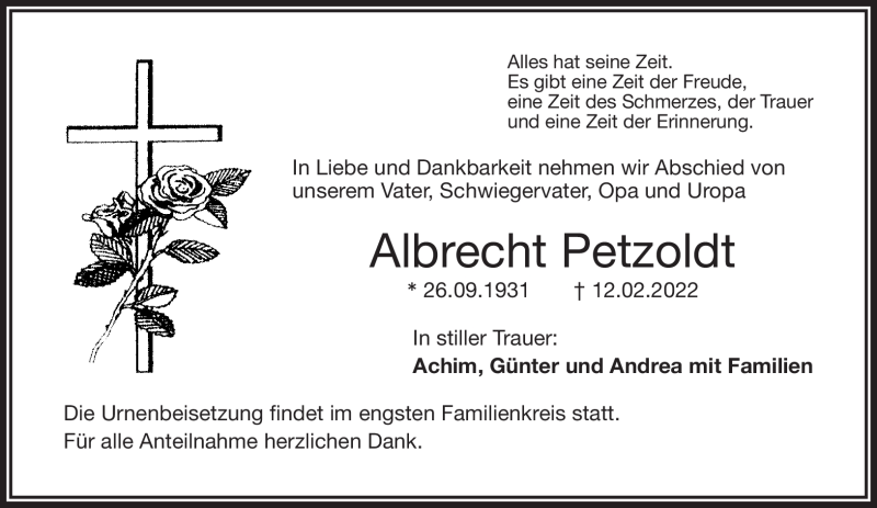  Traueranzeige für Albrecht Petzoldt vom 26.02.2022 aus Frankenpost