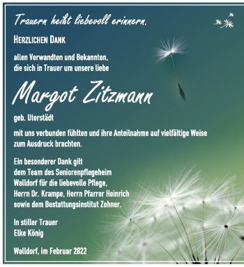 Traueranzeige von Margot Zitzmann von Südthüringer Presse