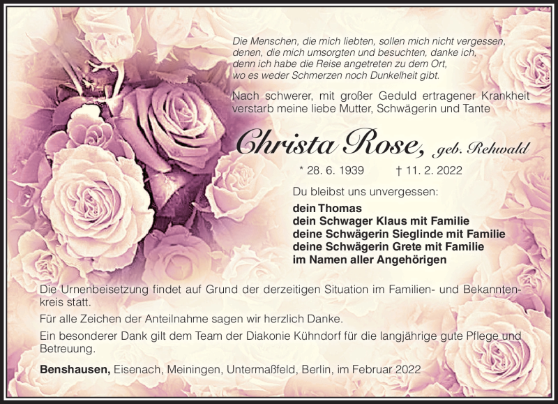  Traueranzeige für Christa Rose vom 19.02.2022 aus Südthüringer Presse