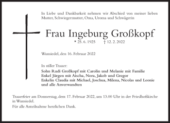 Traueranzeige von Ingeburg Großkopf von Frankenpost