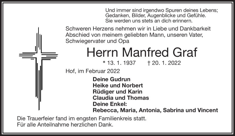  Traueranzeige für Manfred Graf vom 05.02.2022 aus Frankenpost