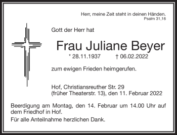 Traueranzeige von Juliane Beyer von Frankenpost