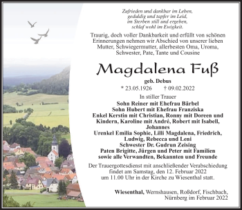 Traueranzeige von Magdalena Fuß von Südthüringer Presse