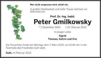Traueranzeige von Peter Gmilkowsky von Südthüringer Presse