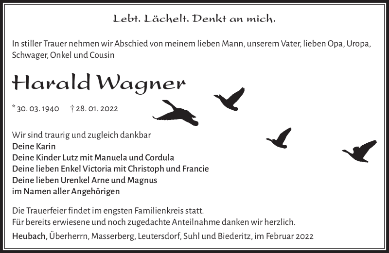  Traueranzeige für Harald Wagner vom 05.02.2022 aus Südthüringer Presse