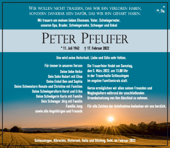 Traueranzeige von Peter Pfeufer von Südthüringer Presse