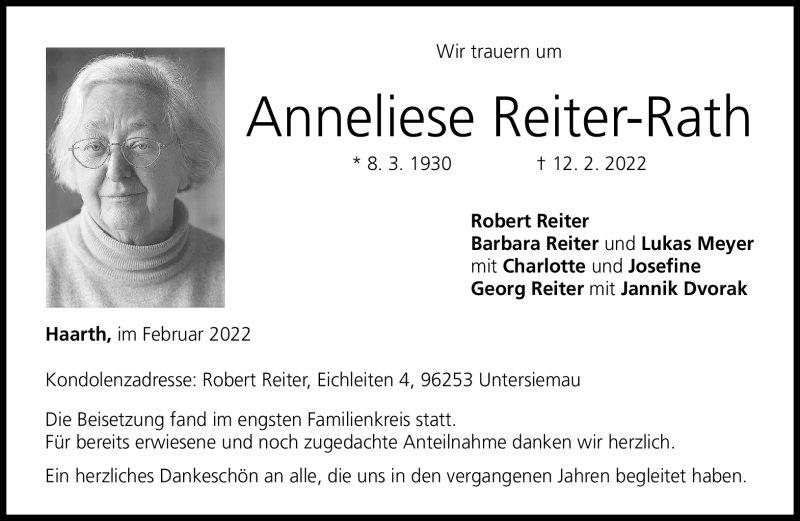  Traueranzeige für Annelies Reiter-Rath vom 26.02.2022 aus Neue Presse Coburg