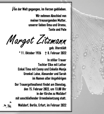 Traueranzeige von Margot Zitzmann von Südthüringer Presse