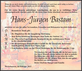 Traueranzeige von Hans-Jürgen Bastam von Südthüringer Presse